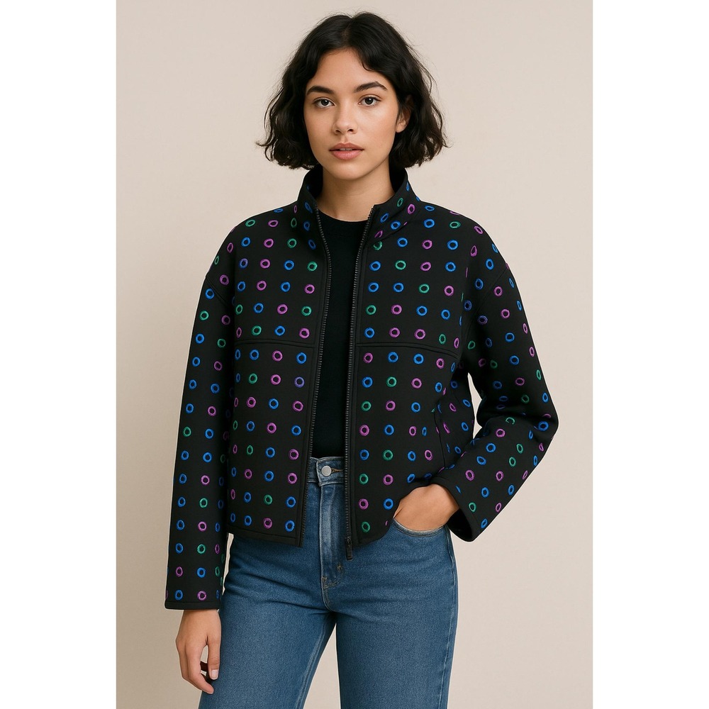 Carlisle Womens Jacket Sz 12 Black Multicolor Gourmet Hole Full Zip Modern Prep